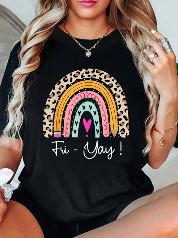 Fri-Yay Teacher Weekend Friday Boho Rainbow Teacher Men Women Girls T-Shirt casual short sleeve crew neck cotton tee tops for women