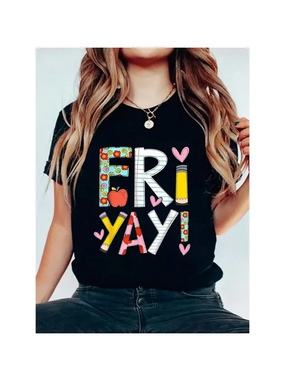Fri-Yay! Women's Fun Friday Teacher T-Shirt – Colorful Letter Print with Floral & Elements, Summer 100%Cotton T-shirt Teacher Gift