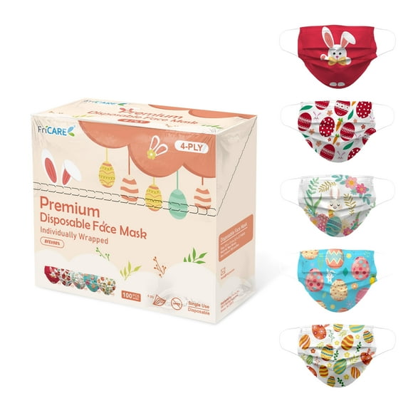 FriCARE Cute Face Masks Disposable 100 Pack for Adults & Kids, Colorful Individually Wrapped 4 Ply ASTM Level 3