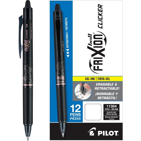 Pilot FriXion Clicker Erasable Gel Pens, Bold Point 1.0mm, Black Ink, 12 Pack