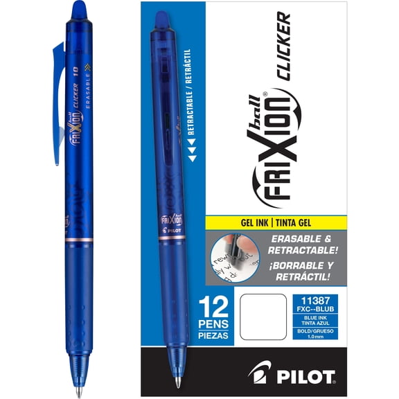 Pilot FriXion Clicker Erasable Gel Pens, Bold Point 1.0mm, Blue Ink, 12 Pack