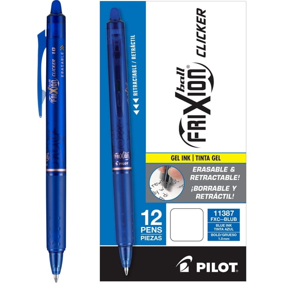 Pilot FriXion Clicker Erasable Gel Pens, Bold Point 1.0mm, Blue Ink, 12 Pack