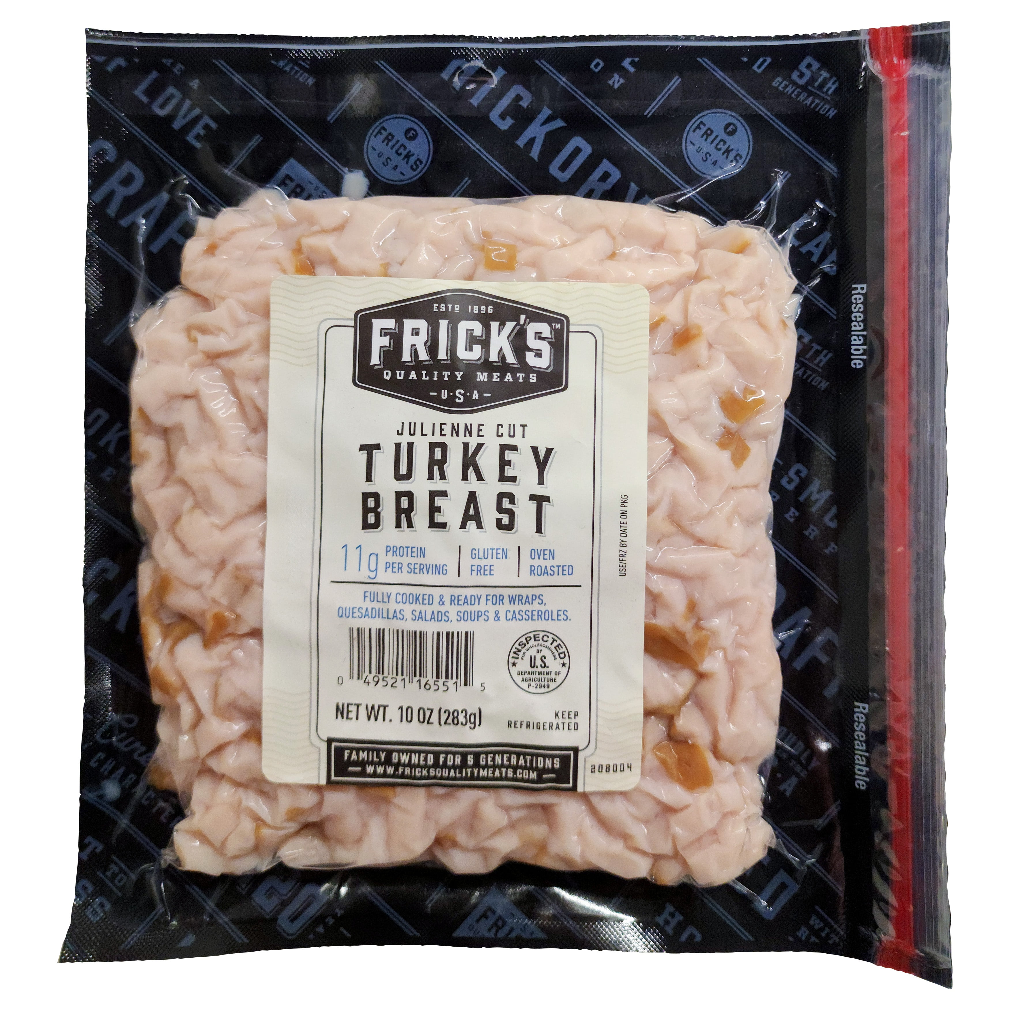 Frick's Quality Meats Julienne Turkey 10 oz, Vacuum Pack Plastic Bag, Refrigerated, Turkey Breast, Pieces