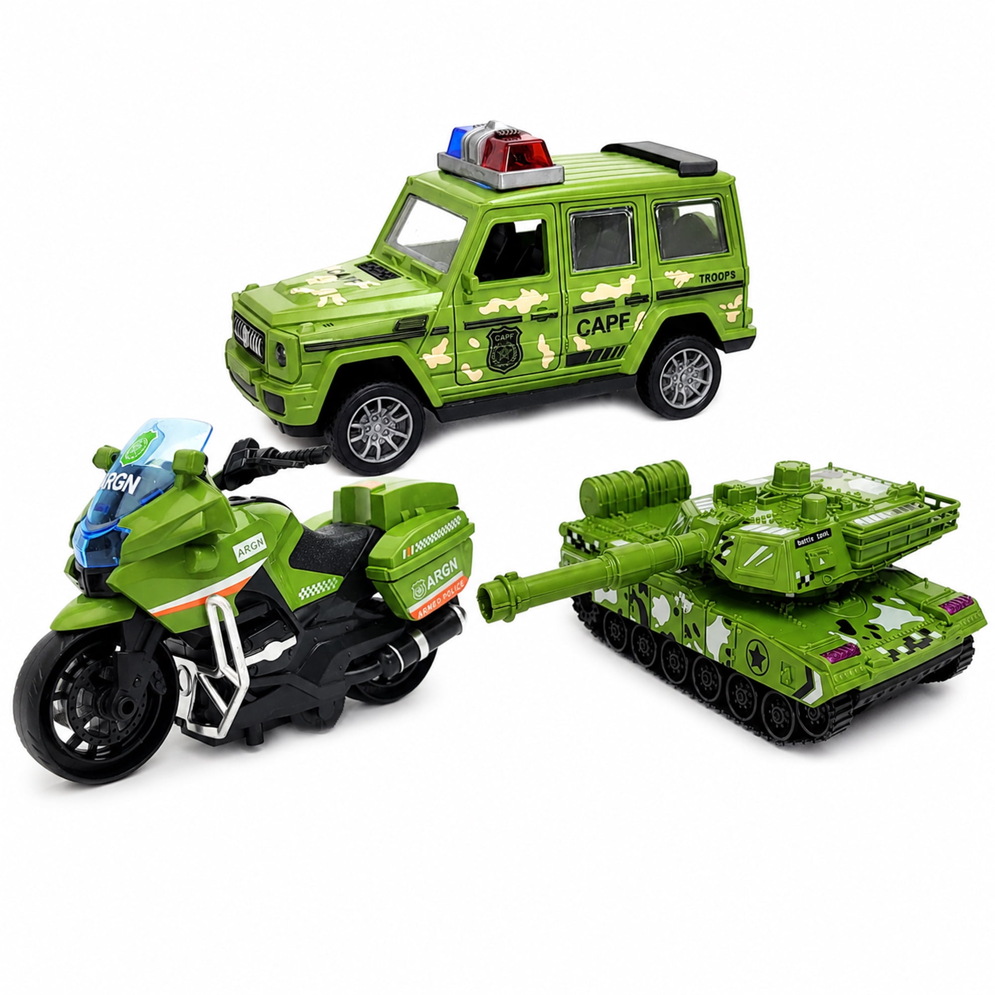 Friction Powered Vehicle Toys 3 Pack, Camouflage Tank Jeep Motorcycle Push and Go Toy Cars for Kids Ages 3+, No Battery Gift Set