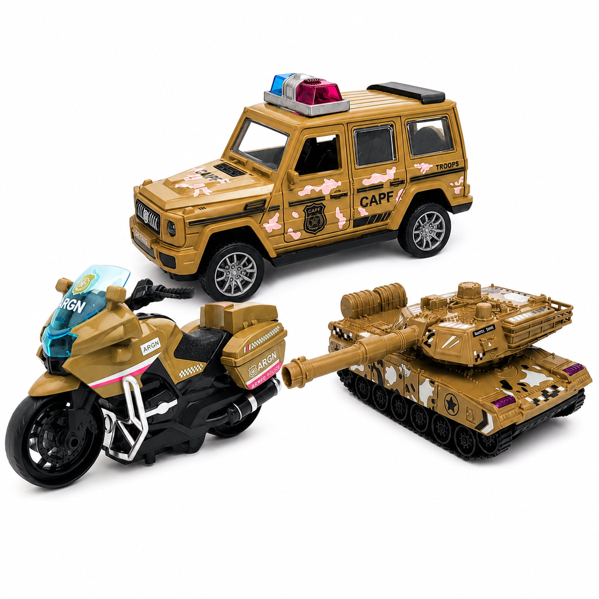 Friction Powered Vehicle Toys 3 Pack, Camouflage Tank Jeep Motorcycle Toy Set for Kids Ages 3+, No Battery Toy Cars, Birthday Gift