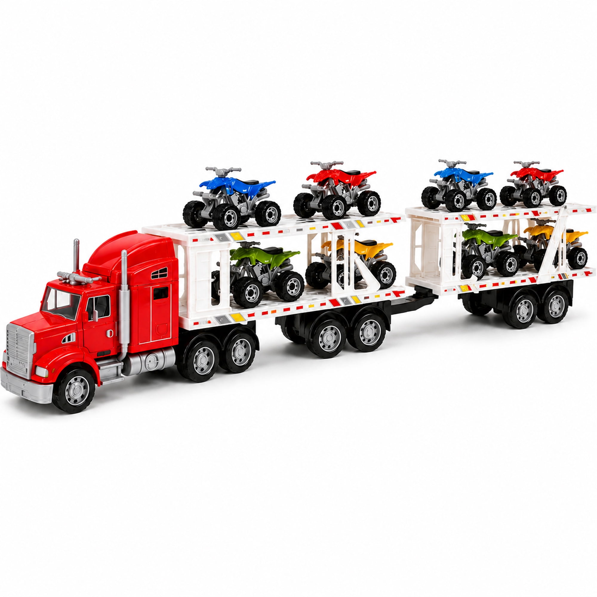9-Piece Mini Vehicle Carrier Truck Playset, Double-Deck Toy Transport Truck with 8 Mini Vehicles, Friction Powered Semi Truck Toy, No Batteries Required, Gift for Kids Ages 3+