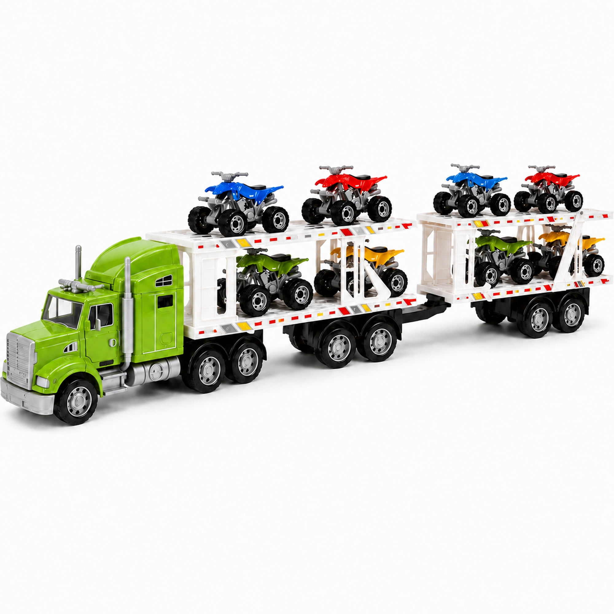 9-Piece Mini Vehicle Carrier Truck Playset, Double-Deck Toy Transport Truck with 8 Mini Vehicles, Friction Powered Semi Truck Toy, No Batteries Required, Gift for Kids Ages 3+
