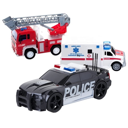 Friction Powered City Hero Play Set Including Fire Engine Truck, Ambulance, Police Car - 3-Pack Emergency Vehicles with Light and Sound