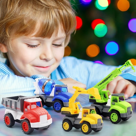 Friction Powered Construction Trucks, 4-Pack Toy Cars with Dumping Function, Non-Battery Vehicle Play Set, Early Learning Role Play Gift for 3+ Year Olds, Multicolor Plastic Transport Toys
