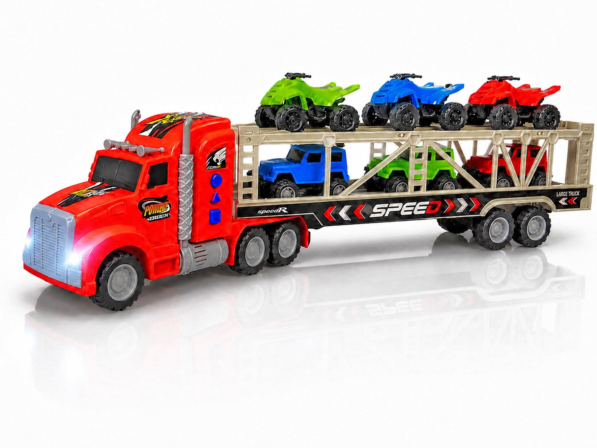 Friction Powered Toy Car Carrier Truck, 23 Inch Transport Trailer with 6 Mini Vehicles, Lights, Sounds, Opening Rear Door, Detachable Trailer