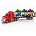 thumbnail image 1 of Friction Powered Toy Car Carrier Truck, 23 Inch Transport Trailer with 6 Mini Vehicles, Lights, Sounds, Opening Rear Door, Detachable Trailer, 1 of 9