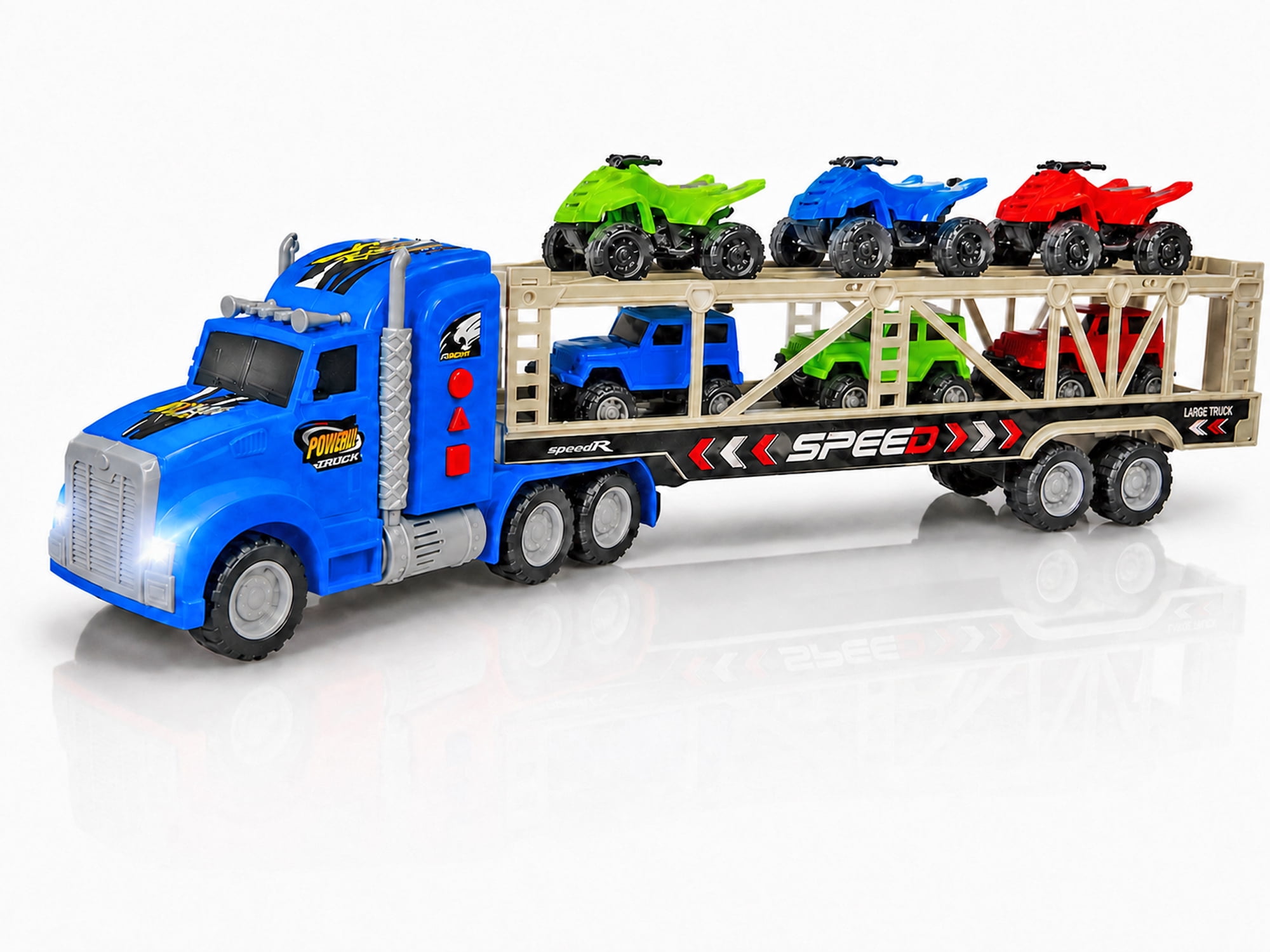 Friction Powered Toy Car Carrier Truck, 23 Inch Transport Trailer with 6 Mini Vehicles, Lights, Sounds, Opening Rear Door, Detachable Trailer