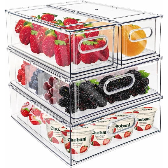 Frid Drawer Pull Out Stackable Bins with Handle Clear Refrirator Drawers Organizer Food Stora Container Box with Dividers Plastic Produce Saver for Pantry, Cabinet, Kitchen, Clothes4Pack