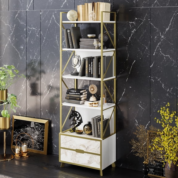 Frida 60 5 Open Shelves Bookcase - Ephesus Marble & Gold