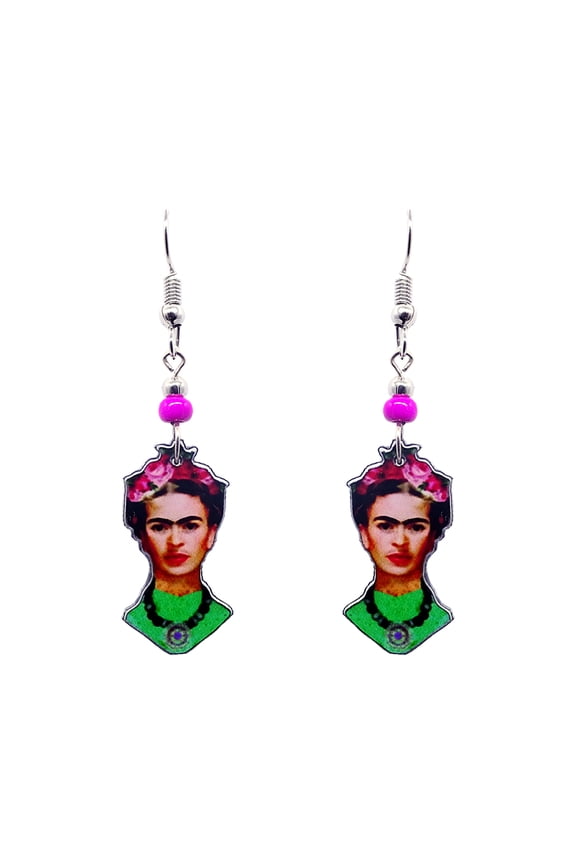 Frida Inspired Face Mexican Artist Graphic Dangle Earrings - Womens Fashion Handmade Jewelry Boho Accessories