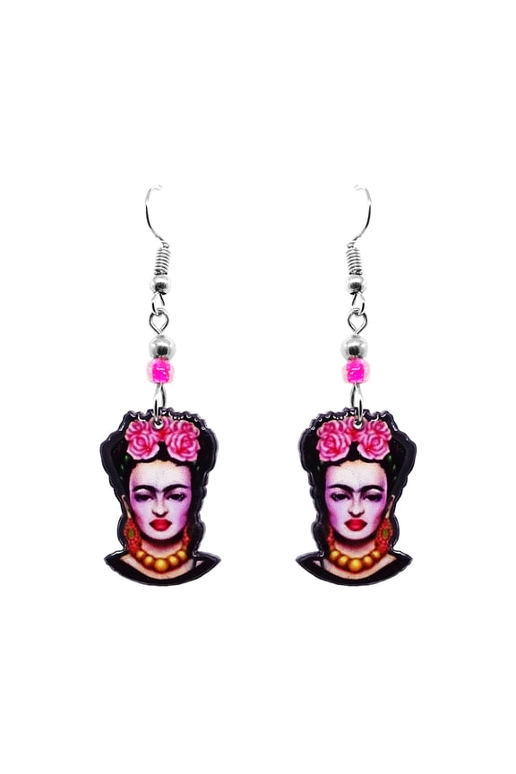 Frida Inspired Face Mexican Artist Graphic Dangle Earrings - Womens Fashion Handmade Jewelry Boho Accessories