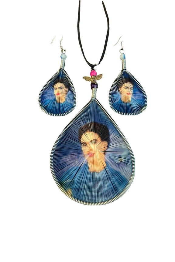 Frida Kahlo Blue Handmade Earring & Necklace Silk Thread Teardrop Mexican 4 New
