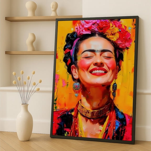 Frida Kahlo Canvas Painting With Flowers And Smile - Colorful Portrait Wall Art, Ready To Hang Gift, Bold Feminist Home Decor, Unframed Poster Size 24x36