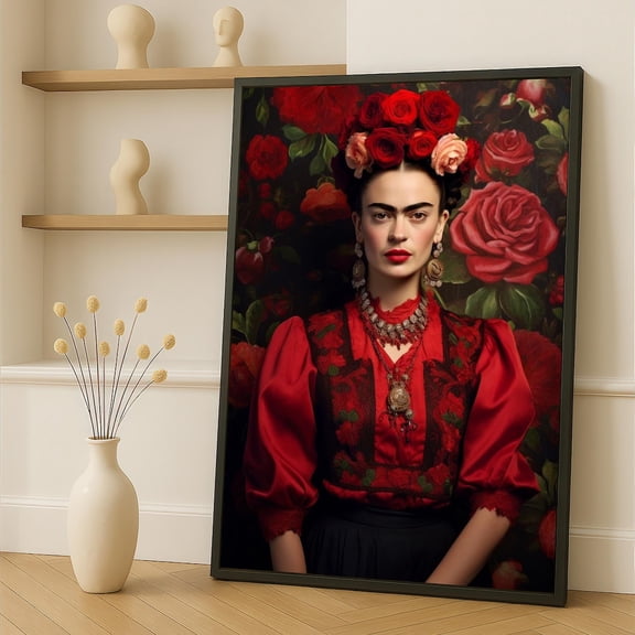Frida Kahlo Canvas Painting With Red Roses And Traditional Dress - Iconic Feminist Wall Art, Ready To Hang Gift, Bold Mexican Decor, Unframed Canvas Size 12x18