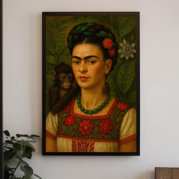 Frida Kahlo Canvas Print – Mexican Portrait Wall Art With Monkey And Floral Dress, Unframed Canvas Size 12x18