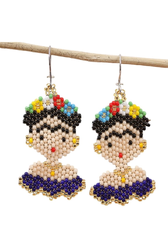Frida Kahlo Face Handmade Earring Beads 1.5 Blue Gift Huichol Mexican Artist New