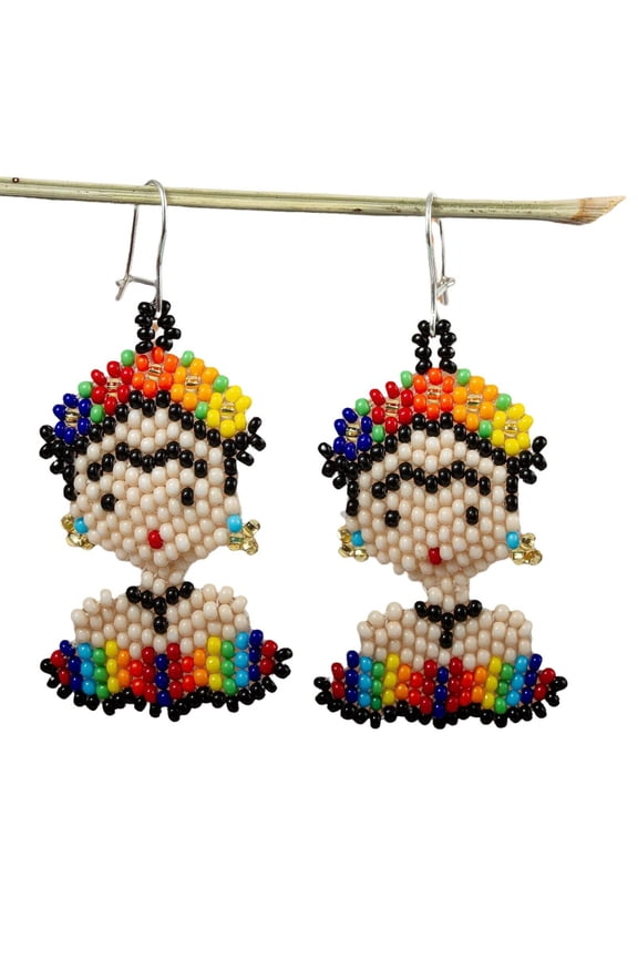 Frida Kahlo Face Handmade Earring Beads 1.5 Gift Huichol Mexican Artist Multi New