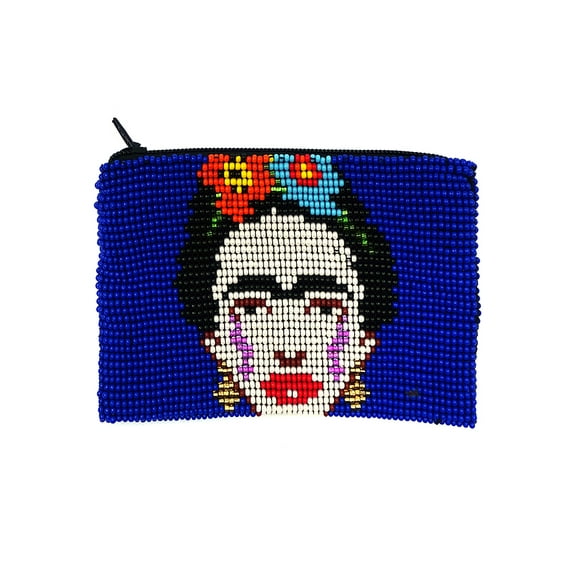 Frida Kahlo Face Mexican Artist Czech Glass Seed Beaded Coin Purse Zipper Pouch - Womens Fashion Handmade Bags Boho Travel Accessories