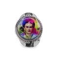 thumbnail image 1 of Frida Kahlo Graphic Round Silver Metal Rope Edge Adjustable Ring - Womens Fashion Handmade Jewelry Boho Accessories, 1 of 3