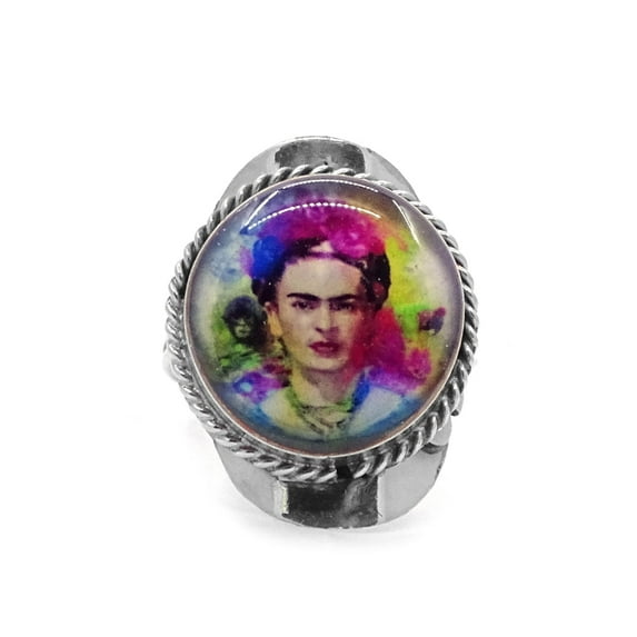 Frida Kahlo Graphic Round Silver Metal Rope Edge Adjustable Ring - Womens Fashion Handmade Jewelry Boho Accessories