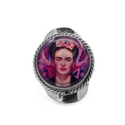 Frida Kahlo Graphic Round Silver Metal Rope Edge Adjustable Ring - Womens Fashion Handmade Jewelry Boho Accessories
