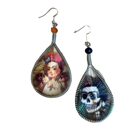 Frida Kahlo Handmade Earring Asymmetric 3” Graphic Silk Thread Teardrop Mexican