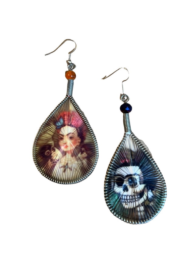 Frida Kahlo Handmade Earring Asymmetric 3 Graphic Silk Thread Teardrop Mexican