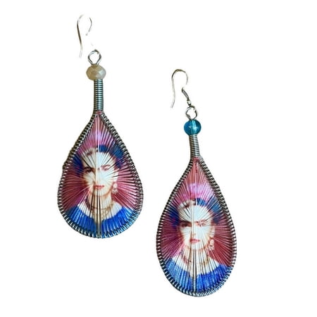 Frida Kahlo Handmade Earring Flower Head 3” Graphic Silk Thread Teardrop Mexican New