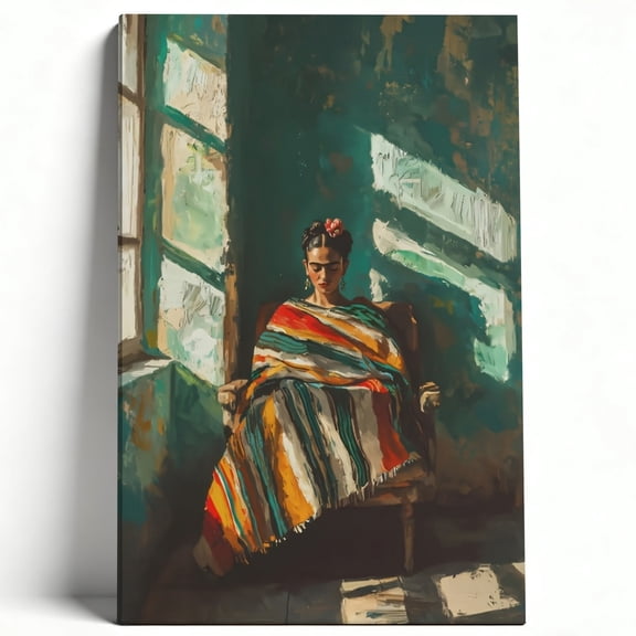 Frida Kahlo Inspired Portrait Canvas Wall Art, Mexican Folk Art Matte Finish Gallery Wrapped, Colorful Impressionist Living Room Bedroom Decor 16*24