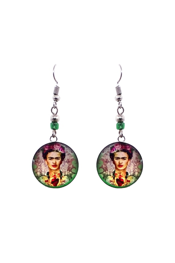Frida Kahlo Mexican Artist Graphic Round Metal Dangle Earrings - Womens Fashion Handmade Jewelry Boho Accessories