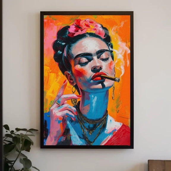 Frida Kahlo Painting, Mexican Wall Art, Frida Kahlo Smoking Cigarette Canvas Print, Mexico Painting, Mexican Gift For Her, Ready To Hang, Unframed Poster Size 16x24
