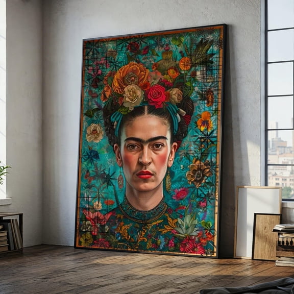 Frida Kahlo Portrait Art Floral Headpiece Wall Art Mexican Art Vibrant Colorful Home Decor Art Print Stretched Art