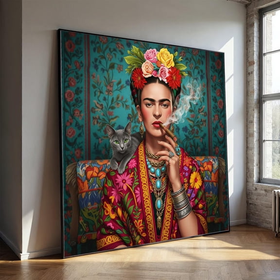 Frida Kahlo Portrait Canvas, Floral Headpiece Wall Art, Mexican Folk Art, Colorful Boho Home Decor, Cat Lover Canvas Print, Vibrant Ethnic, Unframed Canvas Size 8x12