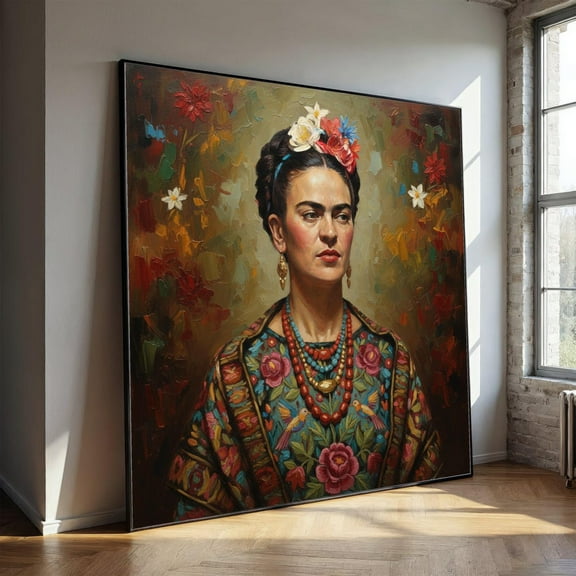 Frida Kahlo Portrait Canvas, Floral Mexican Art, Colorful Folk Art Wall Decor, Hand-Painted Style Canvas, Vibrant Home Decoration, Unframed Poster Size 16x24