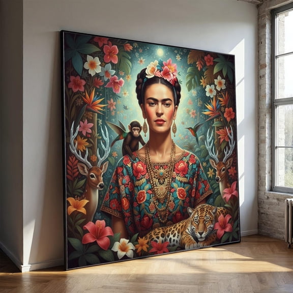 Frida Kahlo Portrait Canvas, Floral Mexican Art, Jungle Animals Wall Art, Boho Home Decor, Vibrant Nature Canvas, Ready To Hang Artwork, Unframed Canvas Size 12x18