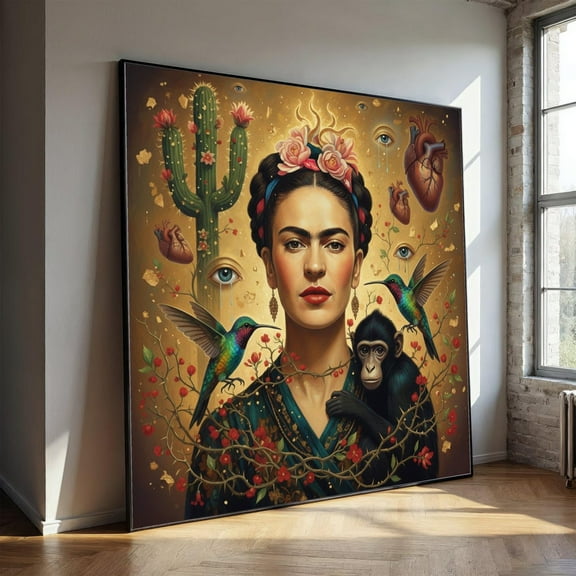 Frida Kahlo Portrait Canvas, Surreal Mexican Art, Floral And Cactus Wall Decor, Humble Monkey And Hummingbird Painting, Bohemian Home, Stretched Canvas Size 12x18