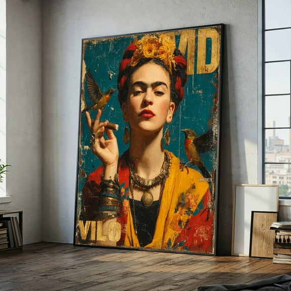 Frida Kahlo Portrait Canvas, Vintage Style Wall Art, Bold Mexican Folk Art, Colorful Female Icon Decor, Ready To Hang Canvas, Stretched Canvas Size 8x12
