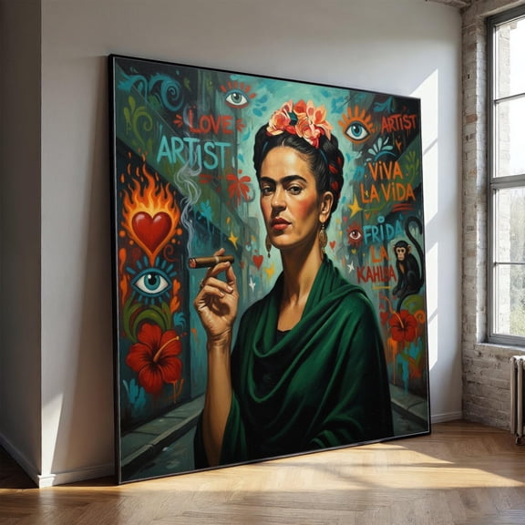 Frida Kahlo Portrait Canvas Wall Art, Viva La Vida Painting, Mexican Artist Decor, Colorful Modern Canvas, Artistic Home Decoration, Stretched Canvas Size 8x12