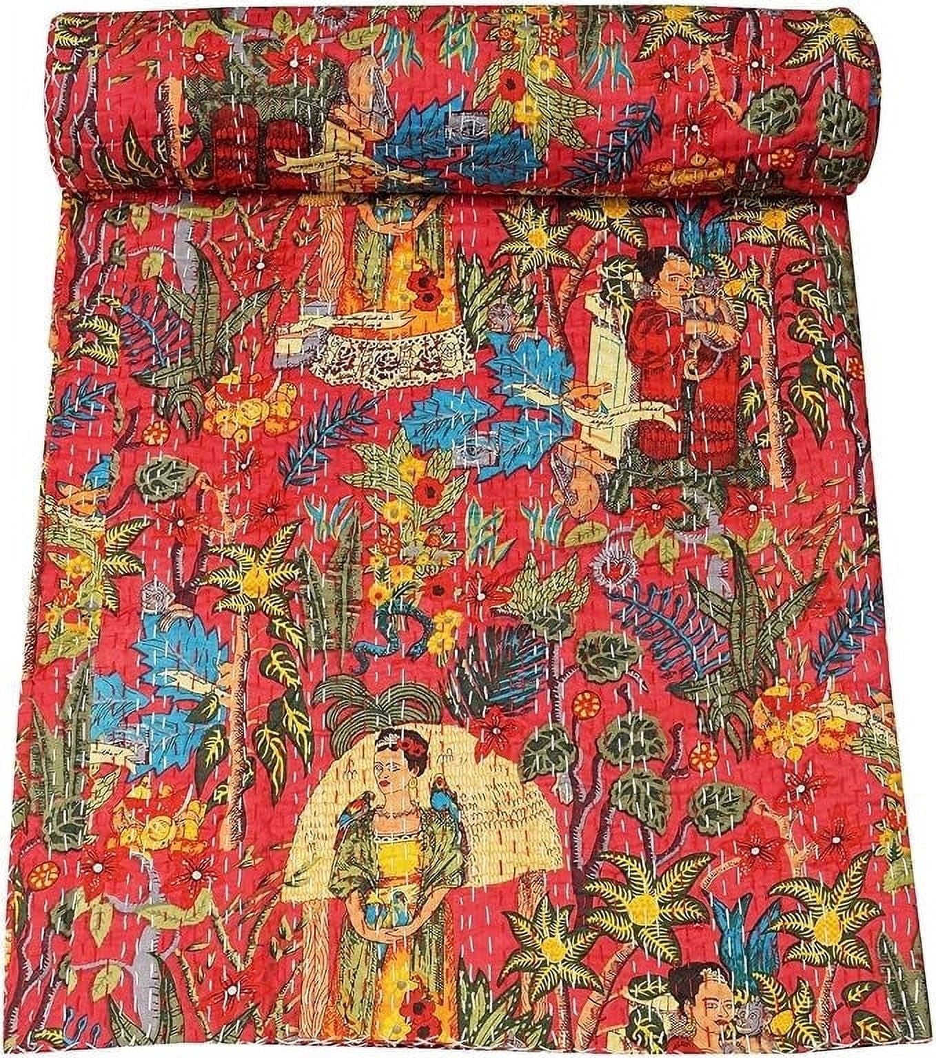 NAMOCREATION Frida Kahlo Print Kantha Quilt - Handmade Cotton Reversible Throw Blanket, Bedspread, Sofa Cover - View #5