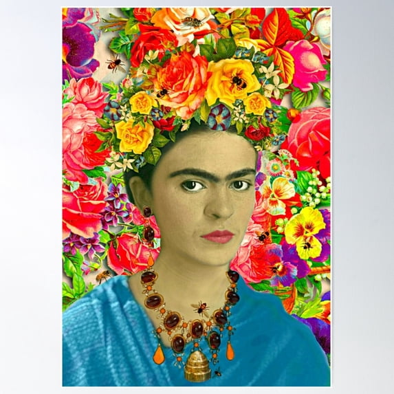 Frida With Bees Roses And Pansies Poster Wall Art, Modern Wall Decor ...