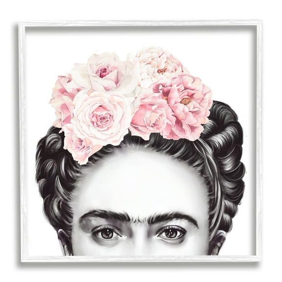 Frida With Pink Roses Powerful Full Eyed Portrait Botanical & Floral Framed Art Print Wall Art, 17x17