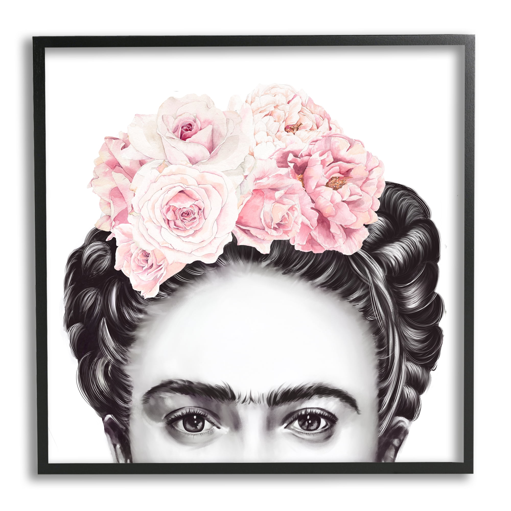 Frida With Pink Roses Powerful Full Eyed Portrait Botanical & Floral Framed Art Print Wall Art, 17x17