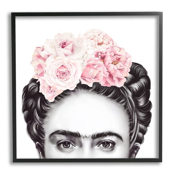 Frida With Pink Roses Powerful Full Eyed Portrait Botanical & Floral Framed Art Print Wall Art, 17x17