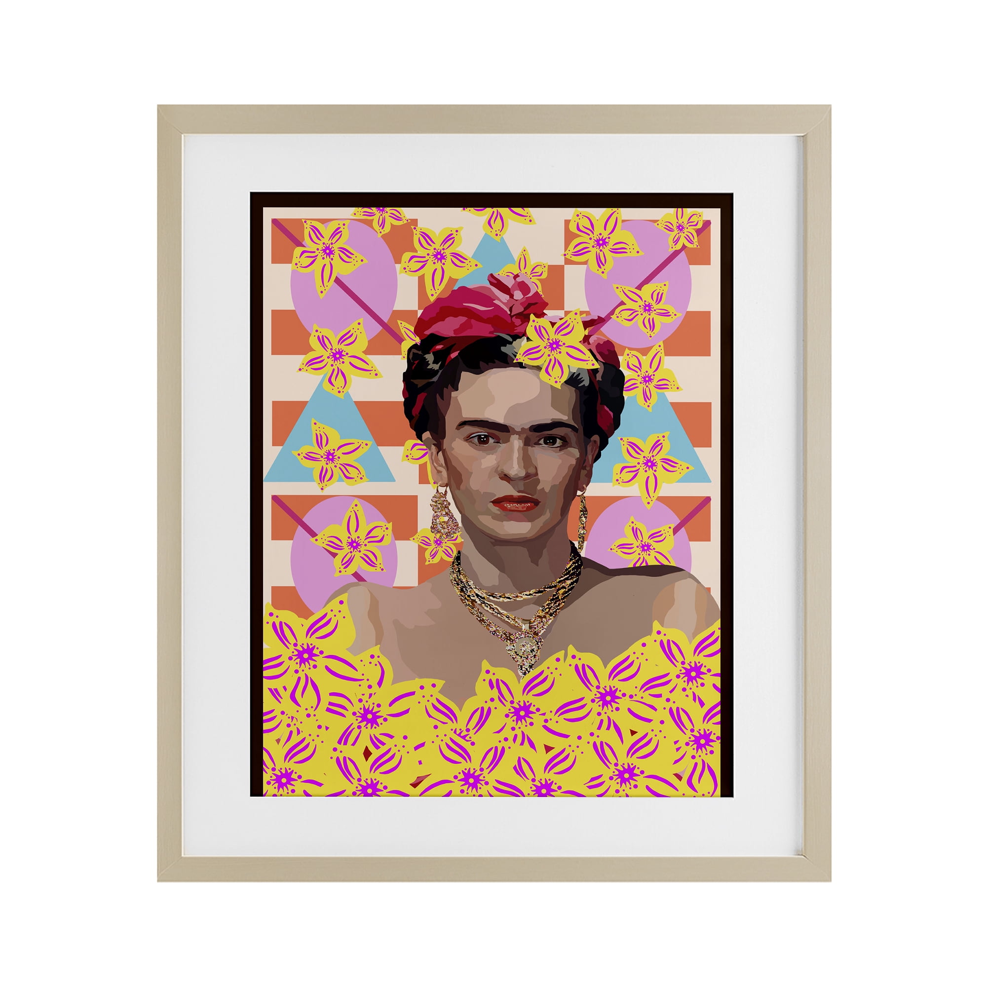 Frida's Floral Journey Birch Framed Print Under Glass, design by Lynnda Rakos