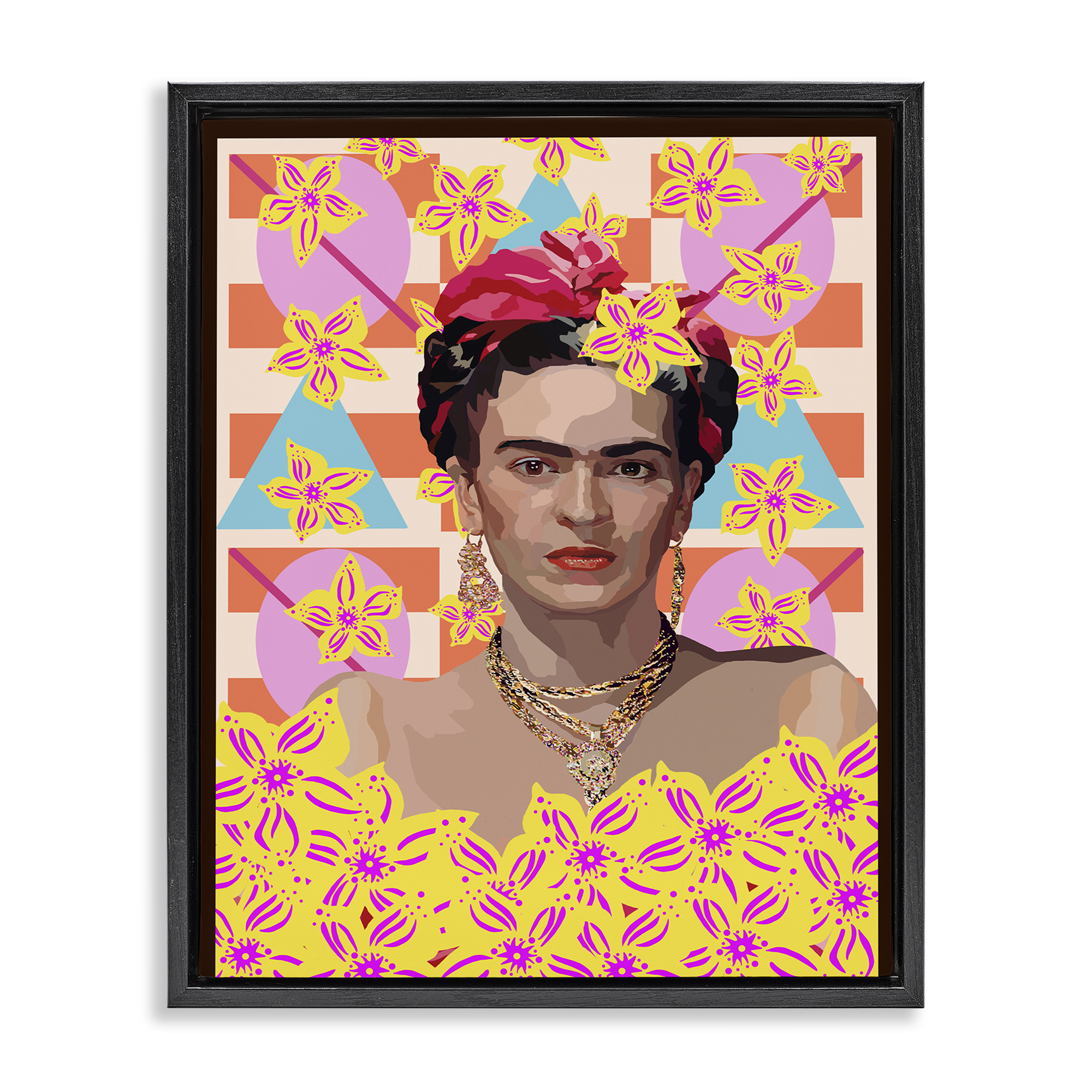 Frida's Floral Journey Black Framed Floater Canvas Wall Art, design by Lynnda Rakos